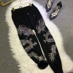 bottoms XL4XL Plus Size 150kg Women's Long Luxury Brand Pants Dragon Rhinestone Sweatpants Street Thick Warm Fleece Chinese Pants