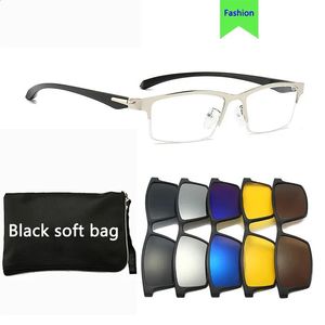 5 In 1 Rectangle Magnet Sunglasses Men Polarized Clip On Glasses for Men Half Metal Frame Male 0 Diopter Optic Myopia Eyewear 240304