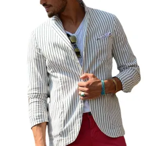 Jaquetas dos homens terno jaqueta fino ajuste verão casamento algodão linho solto listrado fino casual blazer clássico ajuste masculino roupas casaco para baile