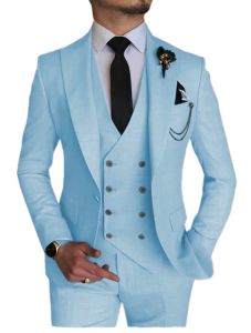 Abiti Moda Smart Business Cielo Blu Costume Homme Matrimonio Abiti da uomo Picco bavero Smoking dello sposo Terno Masculino Prom Blazer 3 Pezzi