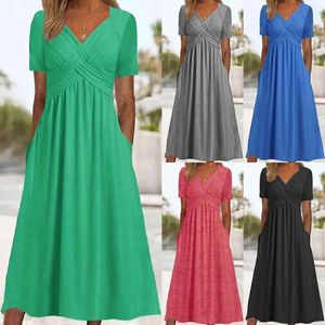 Casual Dresses Women Fashion Summer Pleated Dress Solid Color Short Sleeve Loose Pockets V Neck Long Elegant Lady Robe