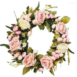 Decorative Flowers 13 Inch Pink Rose Wreath Floral Classic Handmade For Front Door Wall Wedding Party Christmas Home Decor