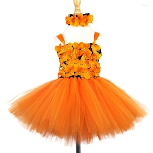 Vestidos da menina meninas laranja flor pétalas tutu vestido crianças preto crochê ballet tule com bandana crianças festa de halloween traje