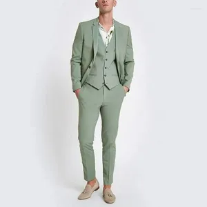 Ternos masculinos slim fit 2024, verde menta, cor sólida, design personalizado, formal, 3 peças, jaqueta, calças, colete, festa à noite, jantar, blazer