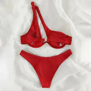 Roupa de banho feminina cor contrastante maiô elegante bloco de um ombro conjunto de biquíni com cintura alta sexy com nervuras beachwear 2 peças