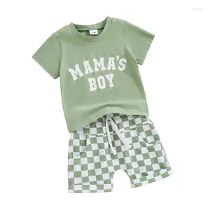 Kläder sätter spädbarns småbarn baby pojke sommarkläder kort ärm mamma s t-shirt toppar checkerboard pläd shorts set casual outfit 2 ste