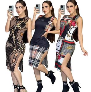 Novo decote em v luxo treliça vestido casual feminino sexy magro sem mangas divisão tanque superior festa vestido de praia