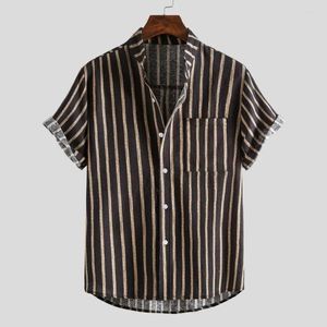 Men's Casual Shirts Men Striped Print Shirt Stand Collar Breathable Top For Summer Short Sleeve Loose Fit Contrast Color