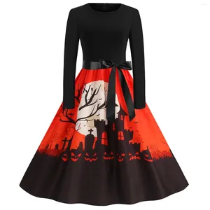 Vestidos casuais halloween abóbora cabeça flor em torno do pescoço manga longa sexy impressão grande balanço vestido reto