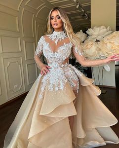 Pieces Mermaid Two Champagne Weddind Dresses Long Sleeves Lace Tired Train Plus Size Bridal Gowns Robe De Marriee 326