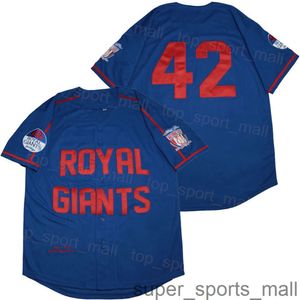 Moive Baseball 42 Royal Giants Jersey Button Button Down University Pure Cotton College 통기성 Cooperstown Cool Base Vintage Emboidery Blue Team Retire