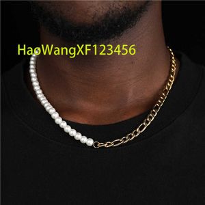 Hiphop Rock 18K Gold Stainless Steel Half Cuban Figaro Chain Link Half White Shell Pearl Bead mens pearl necklace bracelet