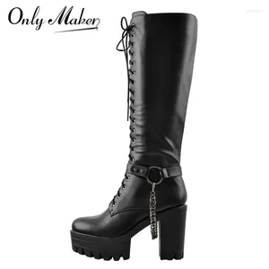 Boots Onlymaker Women Black Matte Platform الأمامي من الدانتيل الجانبي Zip Knee High Lady Fashion الكلاسيكية حجم الشتاء