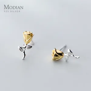 Stud Earrings Modian Gold Color Rose Flower Jewelry For Women Charm Tree Leaf Classic Real 925 Sterling Silver Fashion Gift