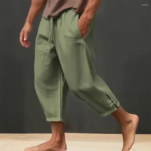 Calças masculinas com cordão de linho cortado com cintura elástica profunda virilha macia respirável verão praia calças