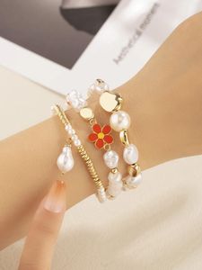 Strand 3 Pieces Of Simulated Pearl String Rose Red Alloy Flower Bracelet Set