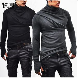 Men cowl neck Thumb Hole Cuffs t shirt Long Sleeve Casual T Shirt Turtle Neck Silm Fit Tshirt hip hop streetwear 240308