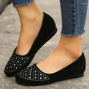 Casual Shoes Shiny Crystal Shallow Loafers for Women Lightweight Non-Slip Ballet Flats Woman Black Flock Soft Sole Walking Female 2024