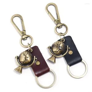 Keychains Fashion Vintage Bronze Globe Charm Keychain Retro Leather Pendant Alloy Spuckle Keyring For Bag Car Keys Chain Women Men SMYELLT