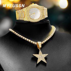 Five-pointed Star NecklaceWatch Hip Hop Miami Tennis Chain Silver Color Iced Out Paved Rhinestones For Men Jewelry Necklace 240315