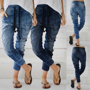 Calça feminina plus size com cadarço Calça jeans elástica de cintura alta Calça Harlan