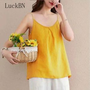 Tops Women Summer Top Cotton Linen Spaghetti Strap Top Women Halter V Neck Basic Embroidered Sleeveless Tank Tops Loose Casual Camis