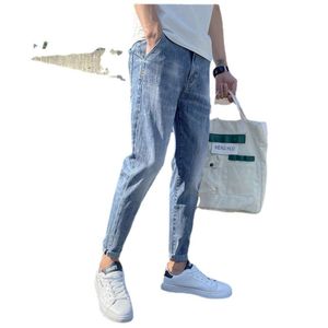 2024 New Elastic and Autumn Style Light Colored Cropped Jeans for Men's Straight Leg Spring Slim Fit Casual Pants