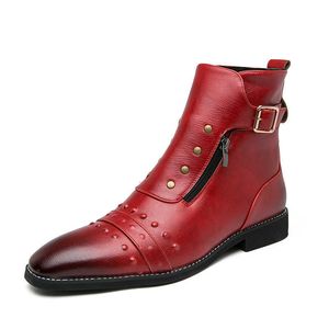 Icke-märkesstorlek 38-466.5-12 ZIP+BUCKLE HBP-rem Stängning Pointy Toe Wholesale Formal Dress Shoes Röda läderstövlar för män