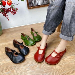 Casual Shoes Birkuir Original äkta läderlägenheter för kvinnor retro Mary Jane -knapp kinesisk stil mjuk handgjorda damer röda