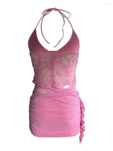 Arbeitskleider Damen 2-teiliges Rock-Set, sexy transparente Spitze, Blumen-Cami-Tops mit asymmetrisch gerafften Mini-Outfits für Party, Club