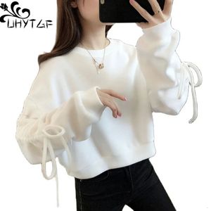 UHYTGF HODEIES HODEIES WOMENT SPRING Autumnshirt Sweatshird Bow Bow Long-Sleeved Cute Girl Short Lost Female Top 1517 240328