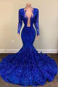 Impressionante azul lantejoulas renda sereia vestidos de baile vintage manga longa sexy mergulhando decote em v formal ocn vestidos de noite júnior formatura usa bc12646