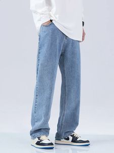 Autumn Blue Jeans Men Korean Vintage Banding Waist Denim Cotton Casual WideLeg Long Pants Straight Baggy Jean Trousers 240304