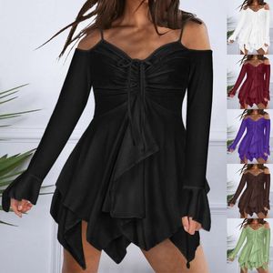 Sıradan Elbiseler 2024 Kadınlar için Elbise Çırpılmış Katmanlı Katmanlı Akışlı Soğuk Omuz Salıncak Mini Yaz Katı Plaj Sundress Vestidos