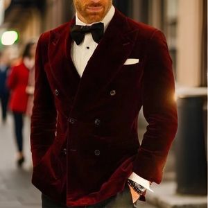 Бархатная курительная куртка для мужчин, двубортный бордовый костюм, пиджак, приталенный костюм для выпускного вечера, цельное модное пальто для жениха 240313
