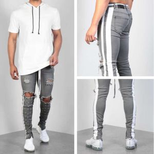 2024 New Hot Selling Knee Hole Zipper Spliced Ribbon Jeans Men's Edition