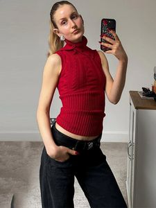 Kastig twist lapptäcke stickad tröja pullover väst kvinnlig solid ribbad ärmlös ihålig ut beskuren y2k topp stickad tank top 240313