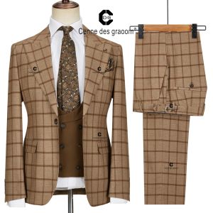Suits Cenne Des Graoom 2022 Classic Brown Window Pane Checked Plaid Blazer 3 Piece Vintage Suits For Men Wedding Formal Business Party