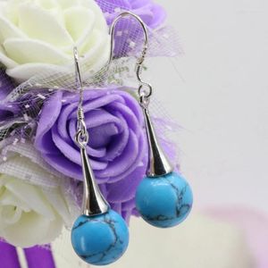 Brincos de balanço bohemia estilo azul veias de pedra turquesa de caldina turquesa de 10 mm de miçangas redondas mulheres jóias elegantes de tímpanos B3247