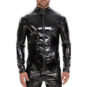 Men's Jackets Men Elastic Jacket Faux Leather Party Nightclub With Stand Collar Zipper Closure Smooth Glossy Solid For Night