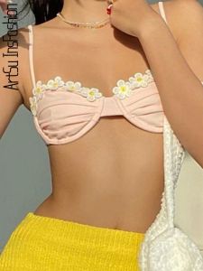 Tops Floral Cute Tops Bralette Tank Top Summer Sweet Off Shoulder Backless Top Vest Beach Pink Strapless Crop Top Corset Sexy Cami