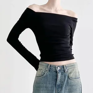 Женские футболки, черные однотонные топы с открытыми плечами и длинными рукавами, женские корейские модные тонкие укороченные рубашки Y2k, сексуальная осенняя одежда с открытой спиной, футболки