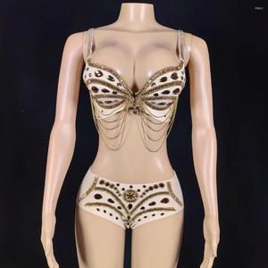 Tute da donna Donne sexy Scintillanti diamanti dorati Set bikini Reggiseno corto Due pezzi Set discoteca Costume da ballo Spettacolo Spettacolo Abbigliamento da palcoscenico