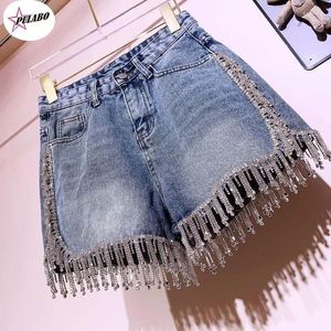 Jeans da donna PULABO Pantaloncini di jeans a vita alta con frange con strass Flash Pantaloni corti con nappa di diamanti di fascia alta da donna