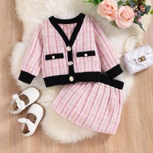 Kleider Mädchen Klassisch Plaid Kleidung Set Strickjacke Jacken + Plaid Röcke Baby Mädchen Kinder Elegante Kinder Frühling Herbst Kleidung Outfits