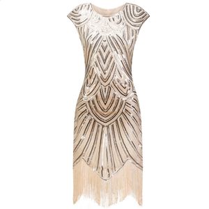 Vintage 1920 -tals klapp Great Gatsby Dress Oneck Cap Sleeve Sequin Fringe Party Midi Vestidos Verano Summer 240314