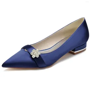 Freizeitschuhe für Damen, spitzer Zehenbereich, Satin, Abendkleid, flache Schuhe, Blumenform, Kristallschnalle, elegante Braut, Hochzeit, Party, Mutter, Marineblau, Elfenbein