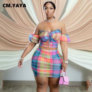 Sets CM.YAYA Plus Size Women Plaid Off Shoulder Crop Top and Bodycon Midi Skirt Suit Matching Two 2 Piece Set Outfits Sexy Party Chic