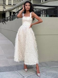 Sexy White Feather Backless Midi Dress For Women Fashion Slash Neck Sleeveless High Waist Sling Dresses Elegant Lady Street Robe 240313