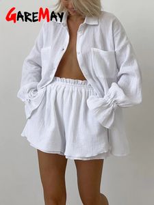 Terno de verão feminino branco com shorts 100% algodão camisa solta casual conjunto de duas peças feminino manga longa superior terno de musselina para mulher 240311